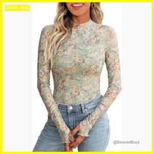 Floral Mesh Long Sleeve Layering Top Mock Neck Sheer Blouse